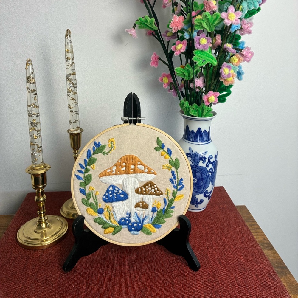Hand Embroidered Mushroom Hoop Art – 7.5”